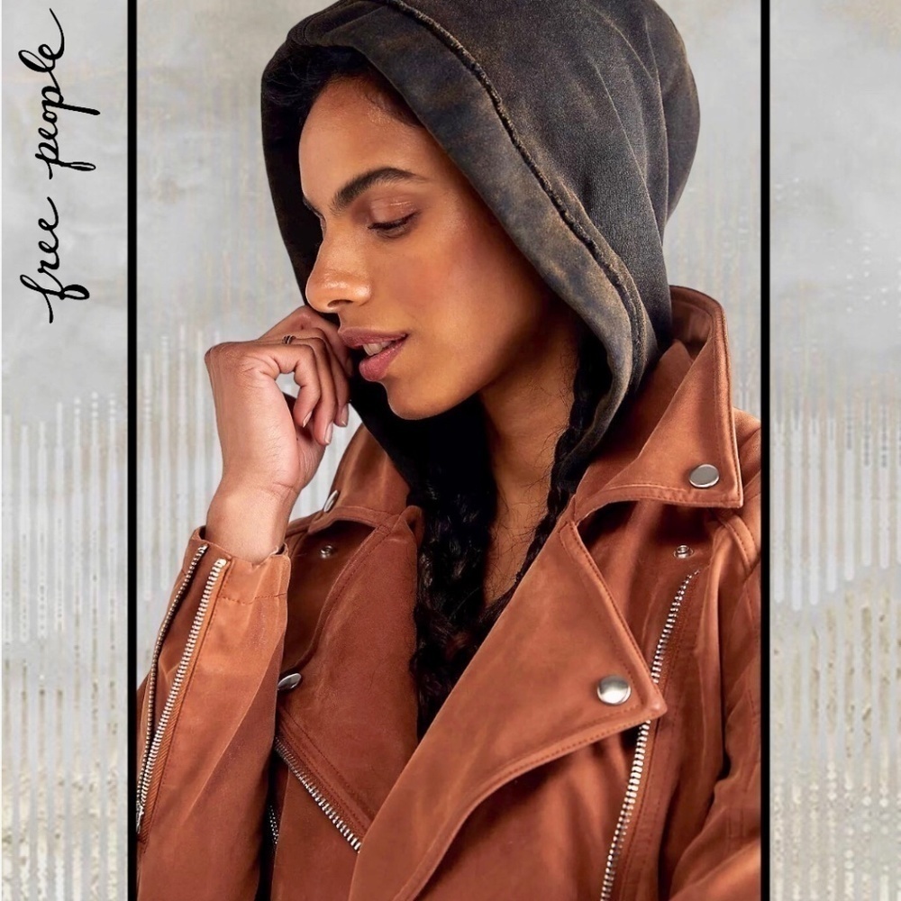 FREE PEOPLE NWT Harriett Moto-Style Brown Vegan Suede, Black Hood Jacket/Md - Picture 9 of 16